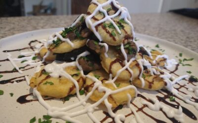 Mushroom & Mini Potato Cakes Breaky Stack W Coconut Yoghurt And Balsamic Vinegar Glaze